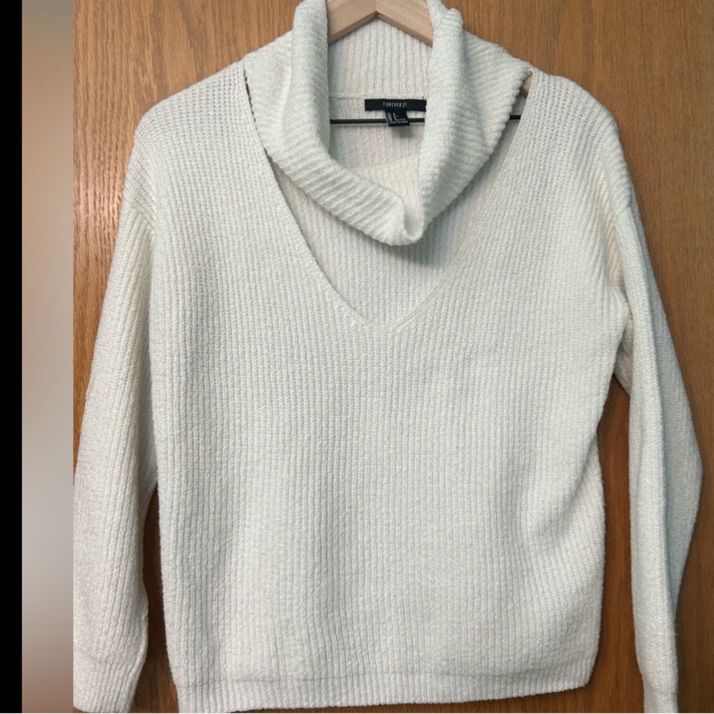 Forever 21 white ribbed knit sweater v-neck cutout choker sweater long sleeve - Picture 13 of 13